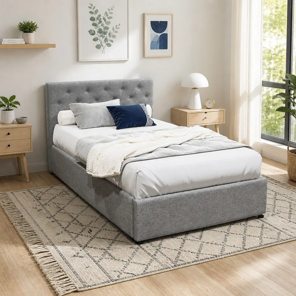 King Single Bed Frame Gas Lift Storage Grey Faux Linen Tufted Headboard Wooden Slat Base