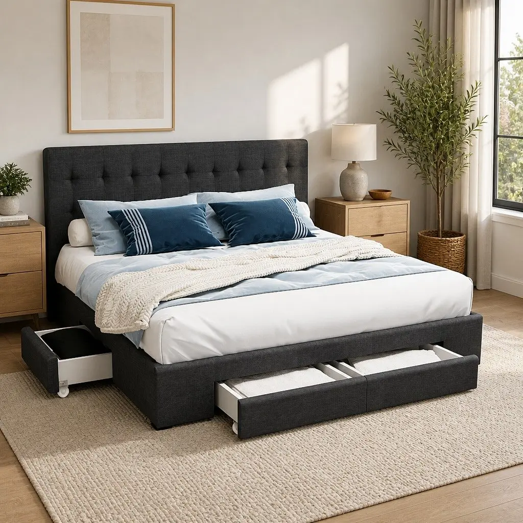 Double Bed Frame Steel Construction Grey Upholstered Headboard with 4 Storage Drawers