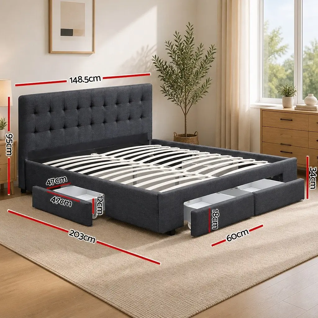 Double Bed Frame Steel Construction Grey Upholstered Headboard with 4 Storage Drawers