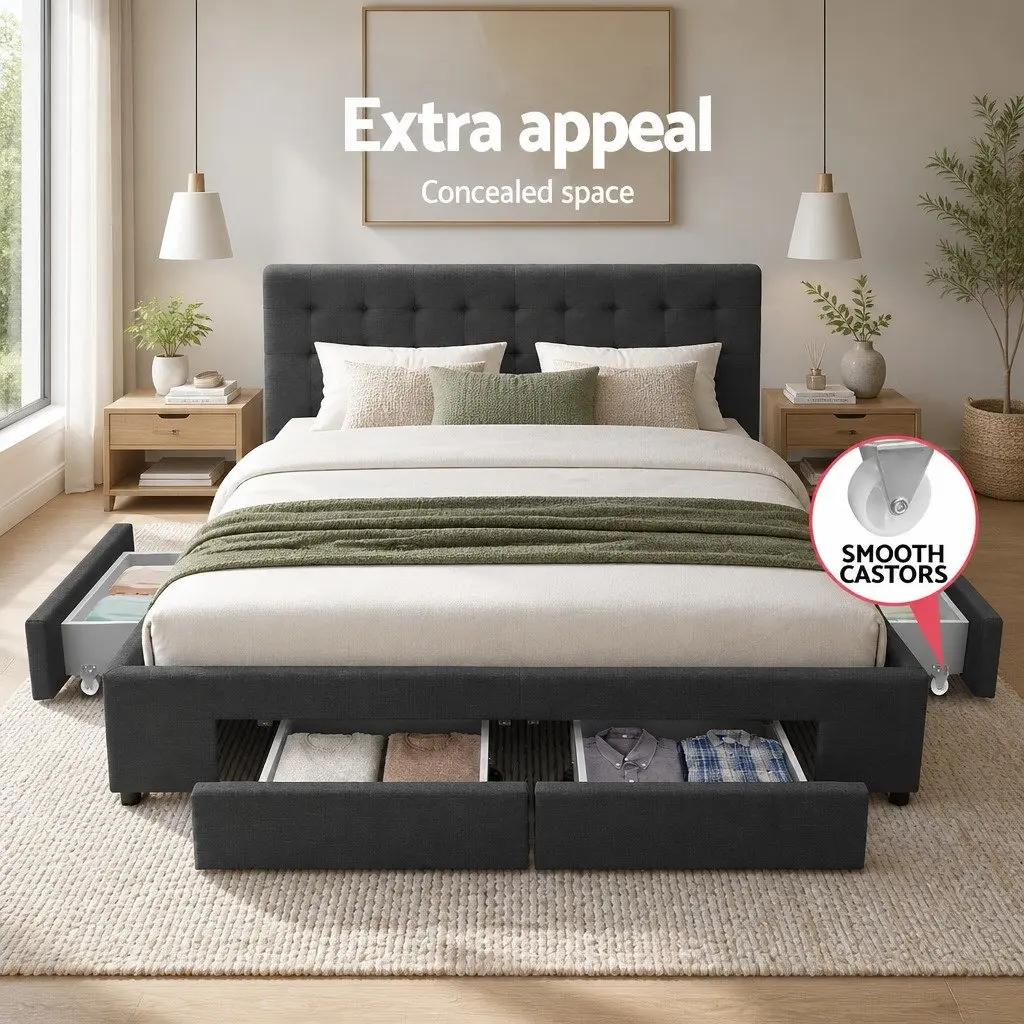 Double Bed Frame Steel Construction Grey Upholstered Headboard with 4 Storage Drawers