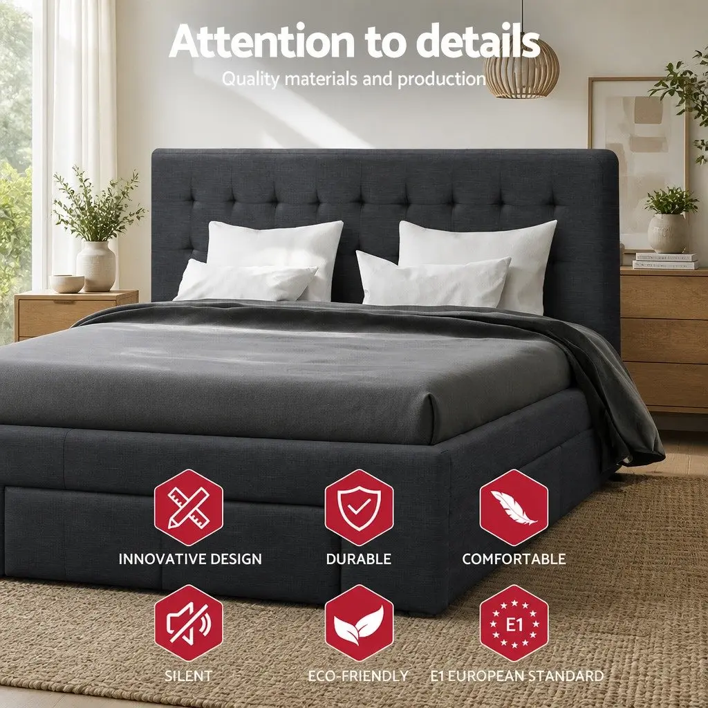Double Bed Frame Steel Construction Grey Upholstered Headboard with 4 Storage Drawers
