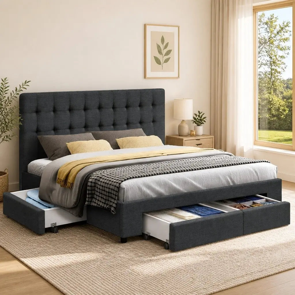 Double Bed Frame Steel Construction Grey Upholstered Headboard with 4 Storage Drawers