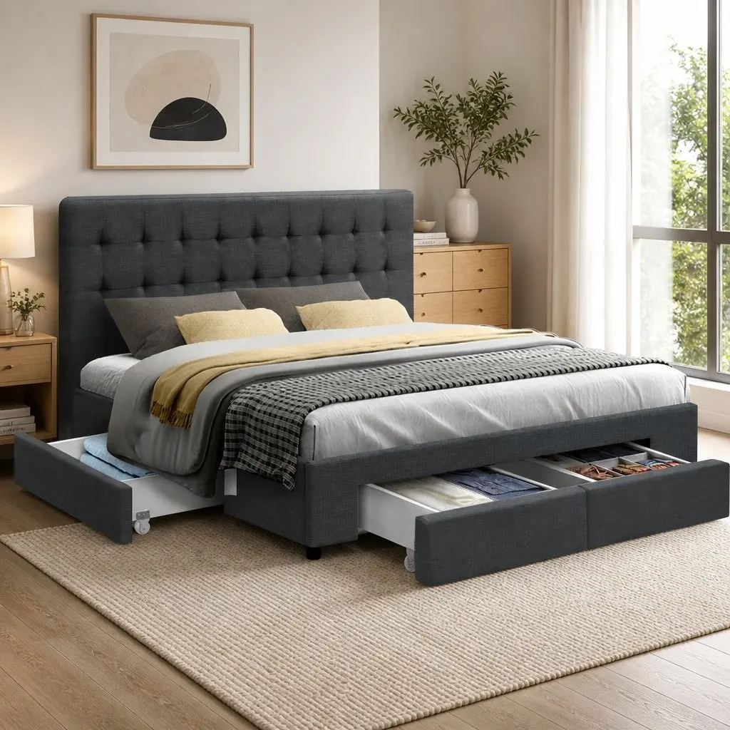 Double Bed Frame Steel Construction Grey Upholstered Headboard with 4 Storage Drawers