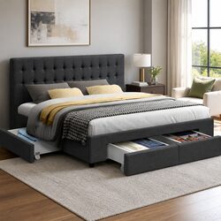 King Size Bed Frame with 4 Storage Drawers Charcoal Grey Upholstered Platform