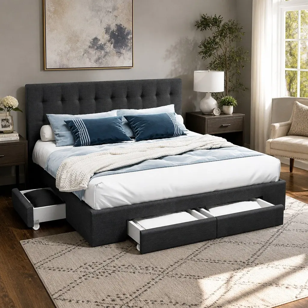 King Size Bed Frame Steel Frame Upholstered Faux Linen Charcoal Grey with 4 Storage Drawers
