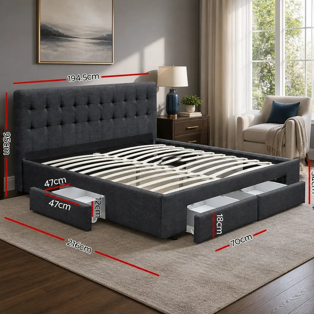King Size Bed Frame Steel Frame Upholstered Faux Linen Charcoal Grey with 4 Storage Drawers