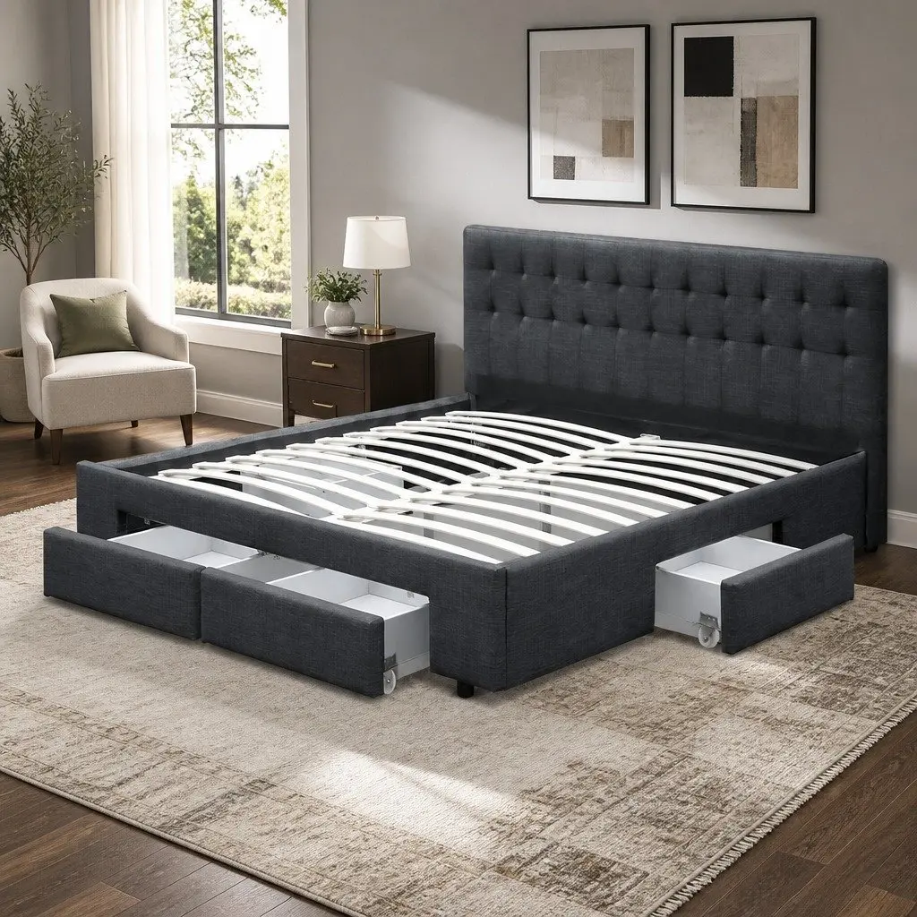 King Size Bed Frame Steel Frame Upholstered Faux Linen Charcoal Grey with 4 Storage Drawers