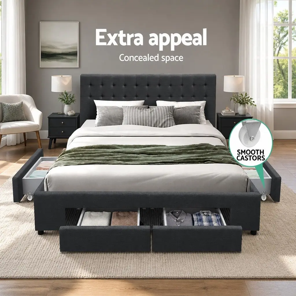 King Size Bed Frame Steel Frame Upholstered Faux Linen Charcoal Grey with 4 Storage Drawers