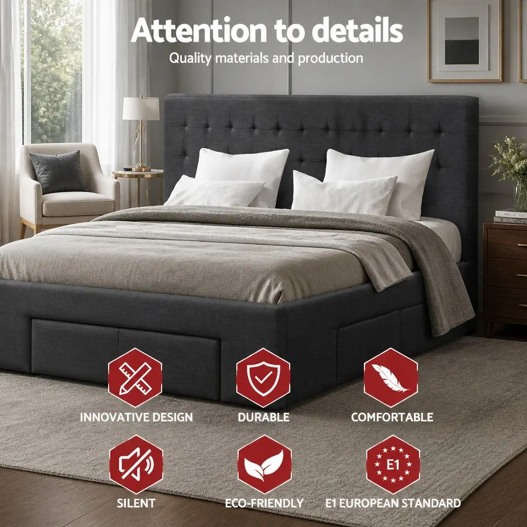 King Size Bed Frame Steel Frame Upholstered Faux Linen Charcoal Grey with 4 Storage Drawers