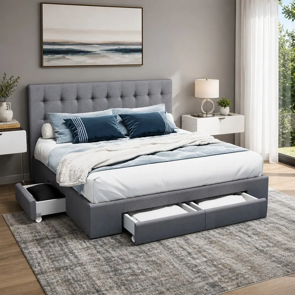 King Size Bed Frame with 4 Storage Drawers Grey Upholstered Tufted Headboard