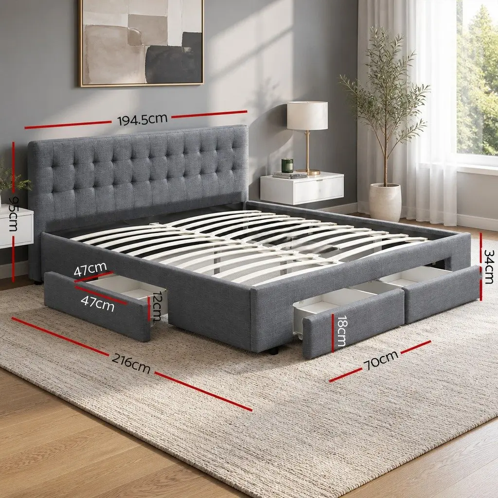 King Size Bed Frame with 4 Storage Drawers Grey Upholstered Tufted Headboard