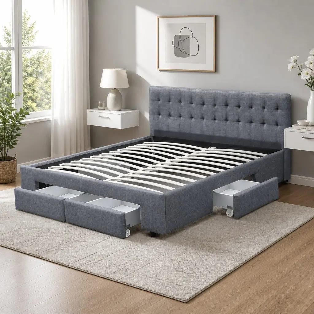 King Size Bed Frame with 4 Storage Drawers Grey Upholstered Tufted Headboard