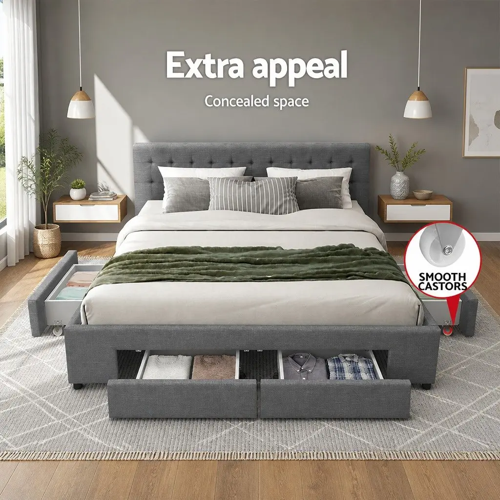 King Size Bed Frame with 4 Storage Drawers Grey Upholstered Tufted Headboard