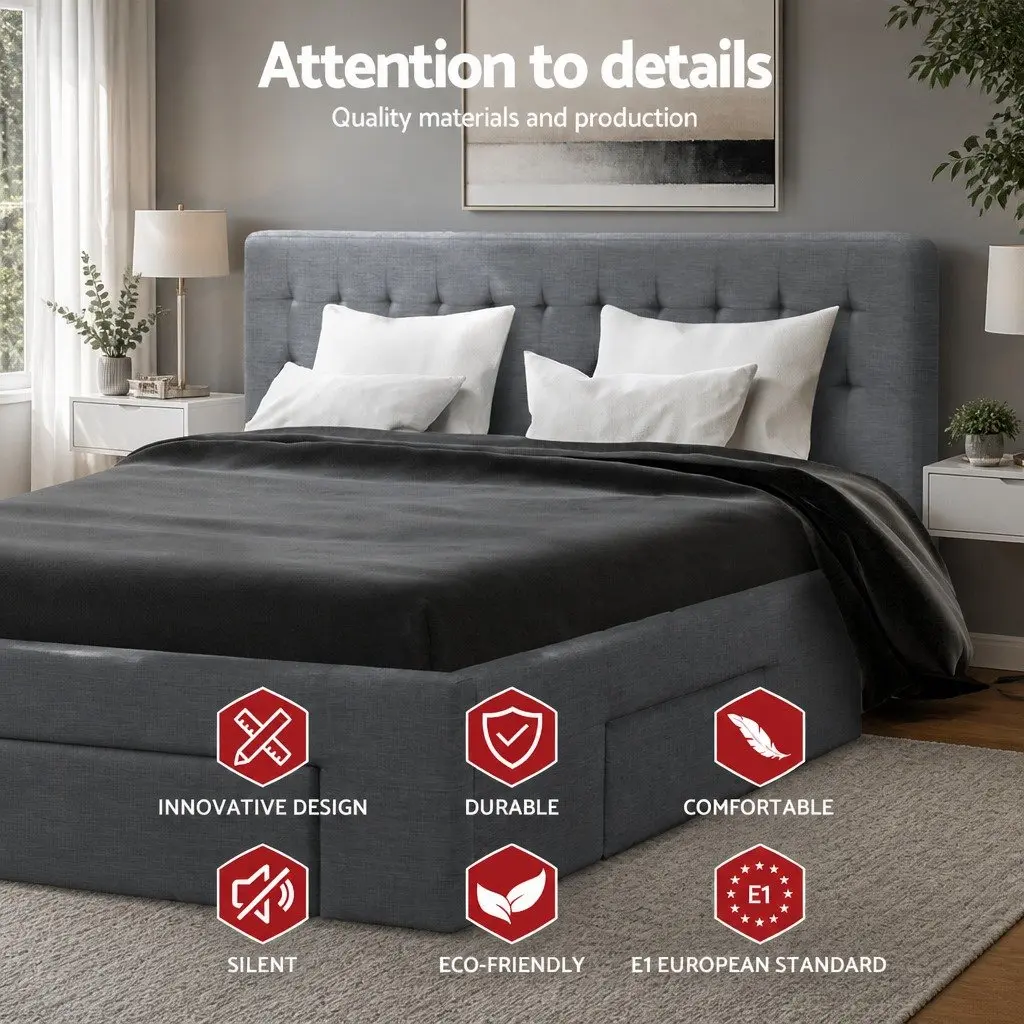 King Size Bed Frame with 4 Storage Drawers Grey Upholstered Tufted Headboard
