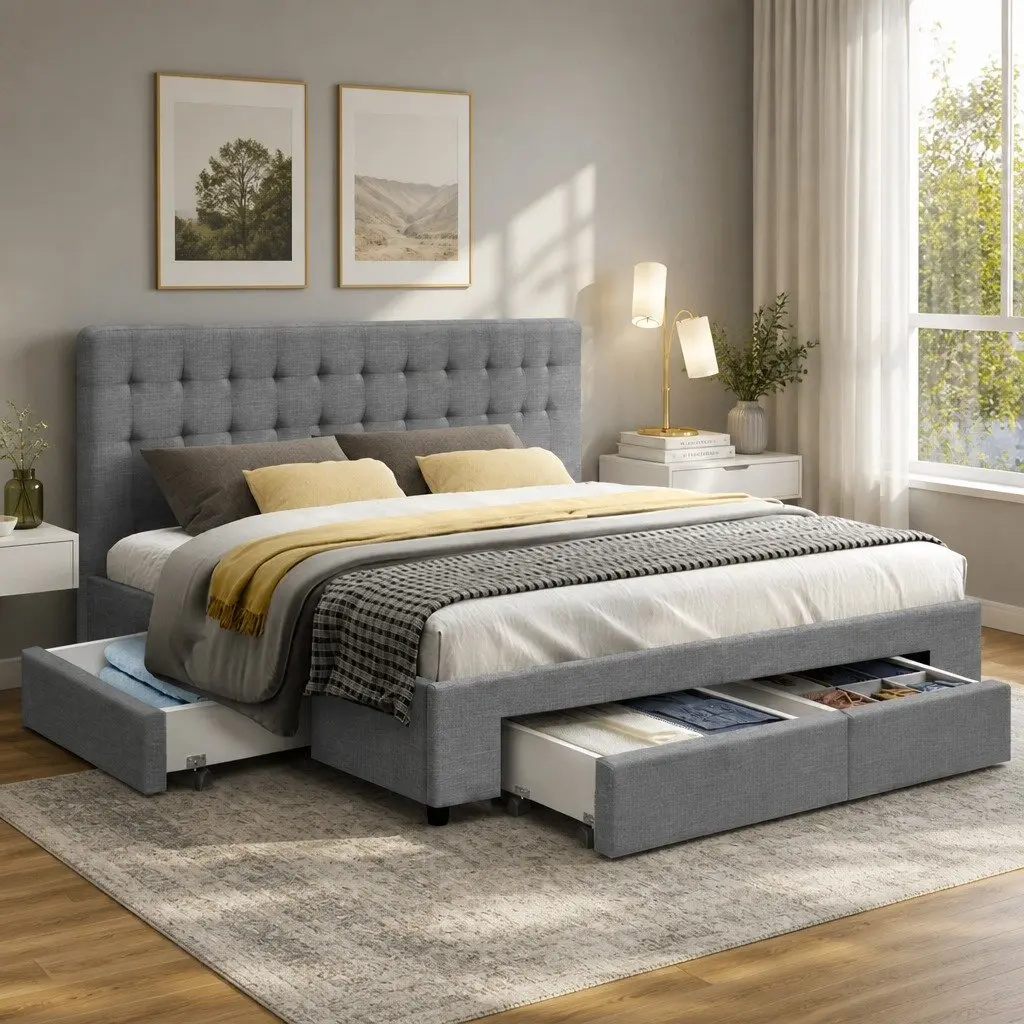 King Size Bed Frame with 4 Storage Drawers Grey Upholstered Tufted Headboard