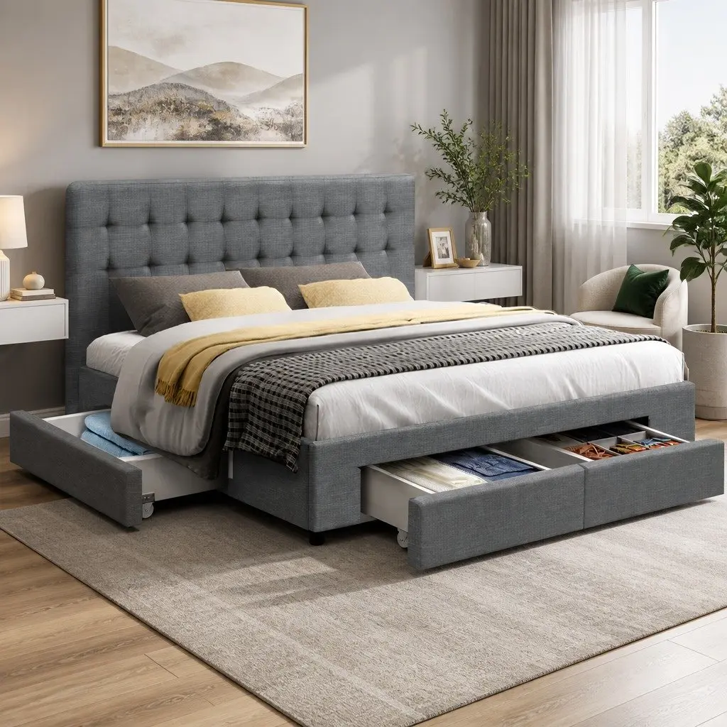 King Size Bed Frame with 4 Storage Drawers Grey Upholstered Tufted Headboard