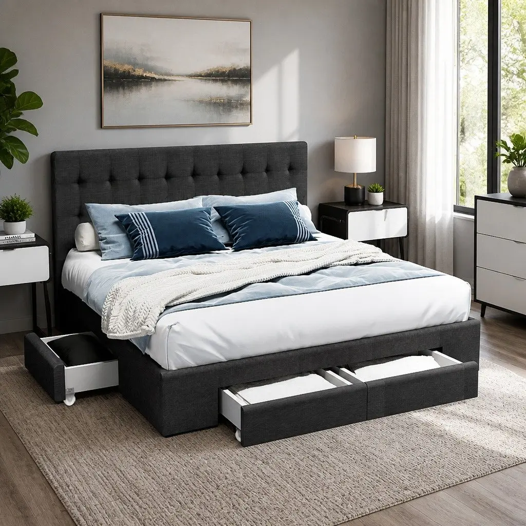 Queen Size Bed Frame Steel Charcoal Upholstered with 4 Storage Drawers