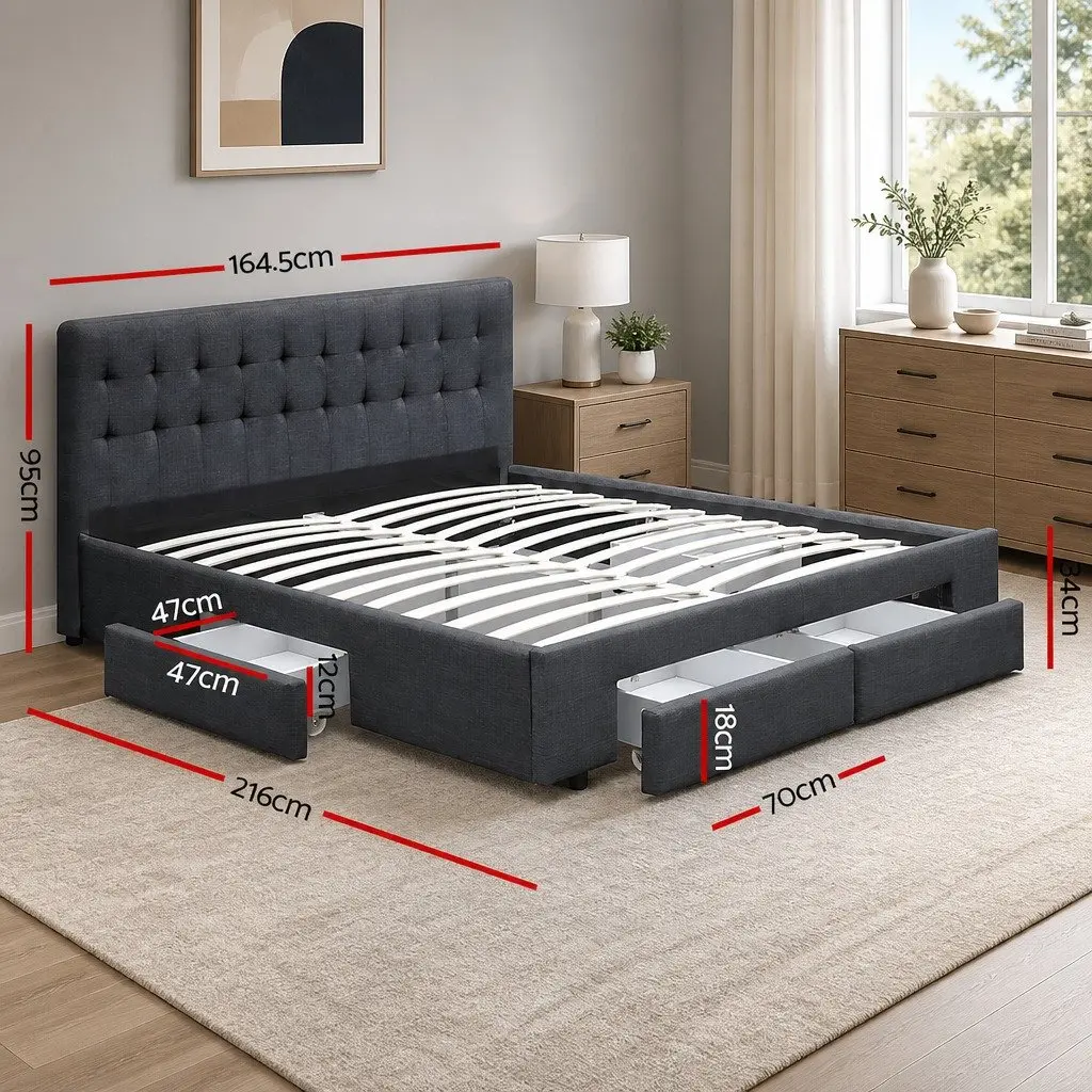 Queen Size Bed Frame Steel Charcoal Upholstered with 4 Storage Drawers