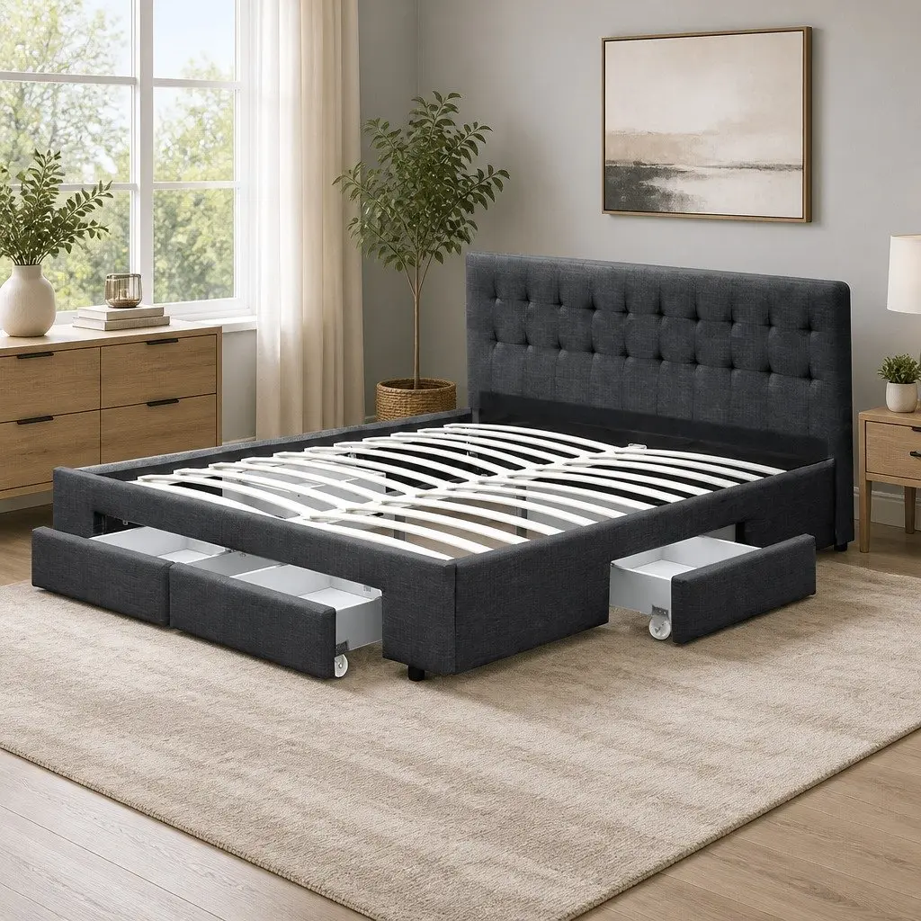 Queen Size Bed Frame Steel Charcoal Upholstered with 4 Storage Drawers