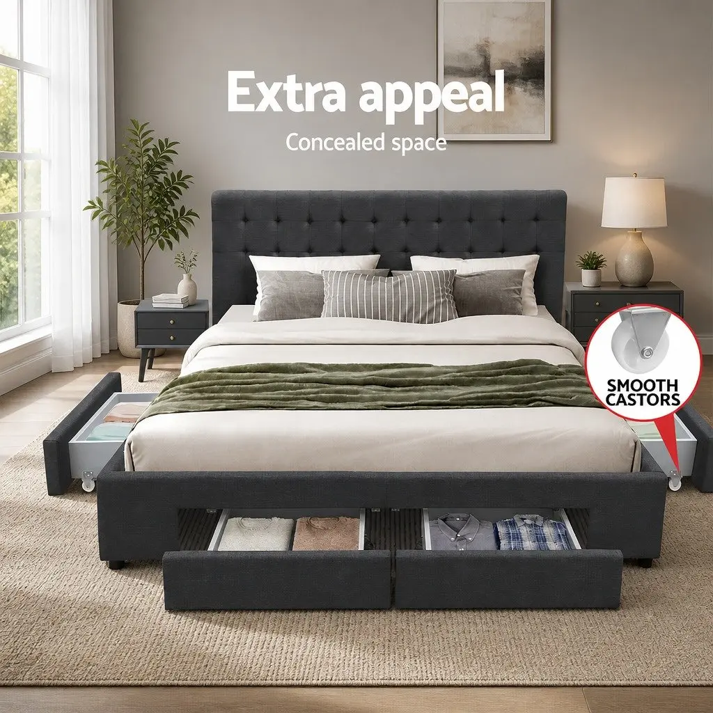 Queen Size Bed Frame Steel Charcoal Upholstered with 4 Storage Drawers