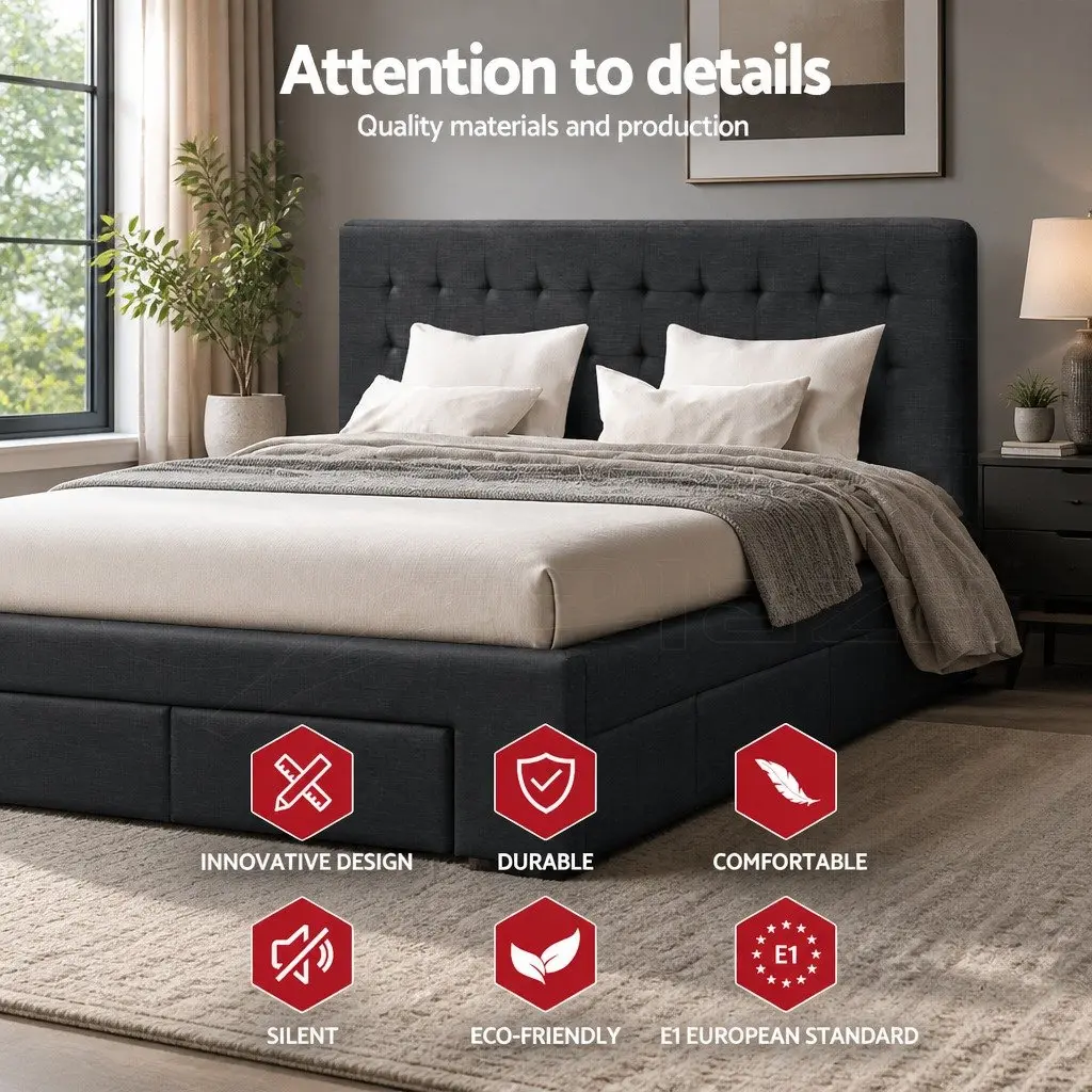 Queen Size Bed Frame Steel Charcoal Upholstered with 4 Storage Drawers