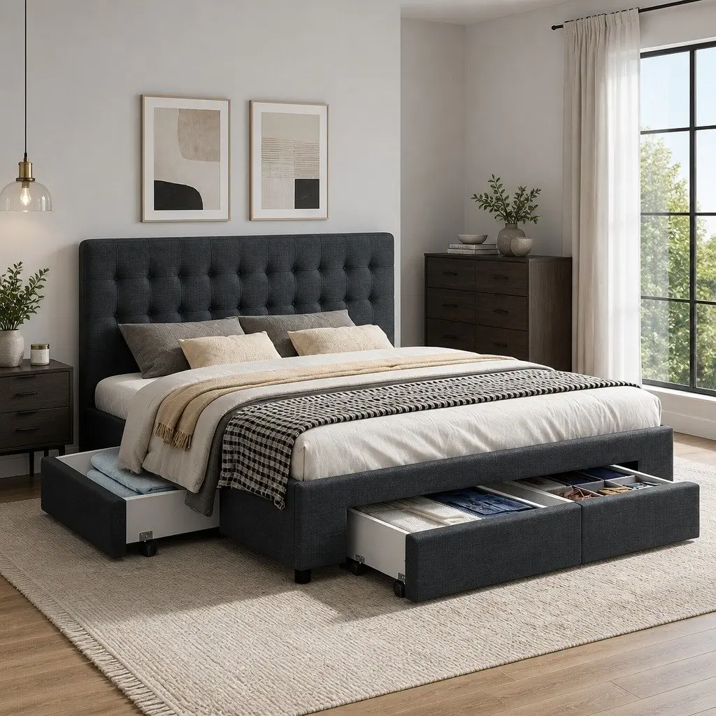 Queen Size Bed Frame Steel Charcoal Upholstered with 4 Storage Drawers