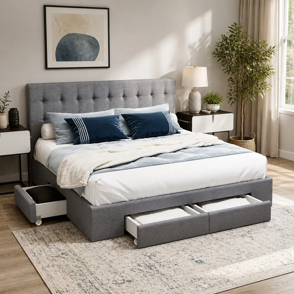 Queen Bed Frame Grey Faux Linen with Tufted Headboard and 4 Storage Drawers
