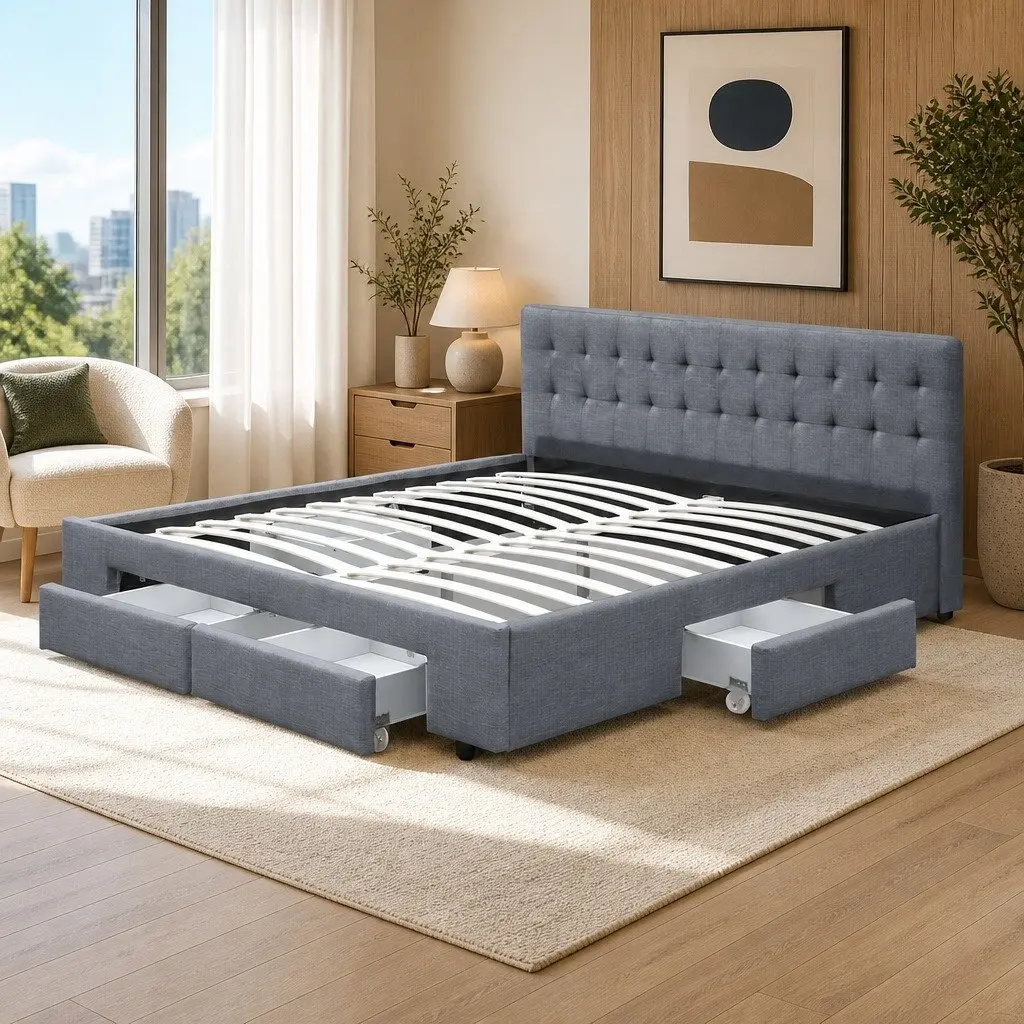 Queen Bed Frame Grey Faux Linen with Tufted Headboard and 4 Storage Drawers