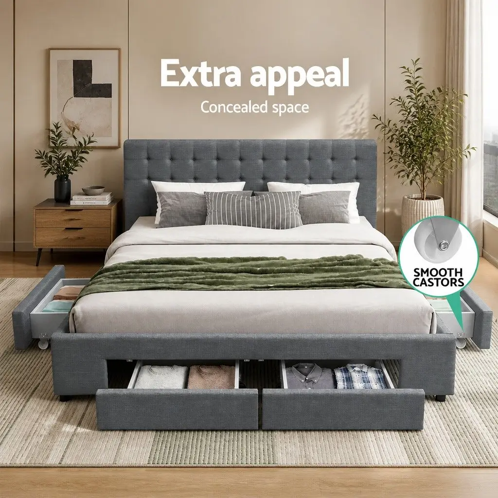 Queen Bed Frame Grey Faux Linen with Tufted Headboard and 4 Storage Drawers