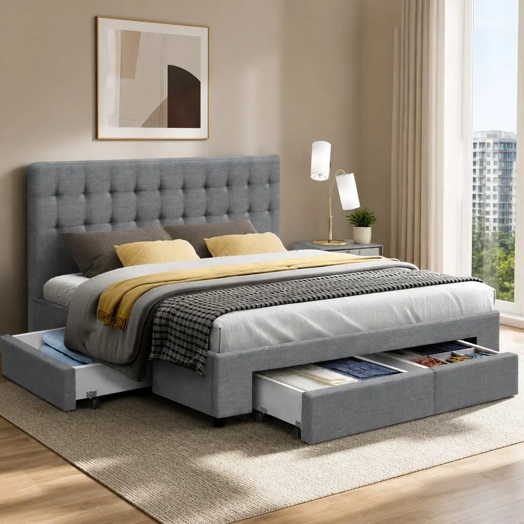 Queen Bed Frame Grey Faux Linen with Tufted Headboard and 4 Storage Drawers