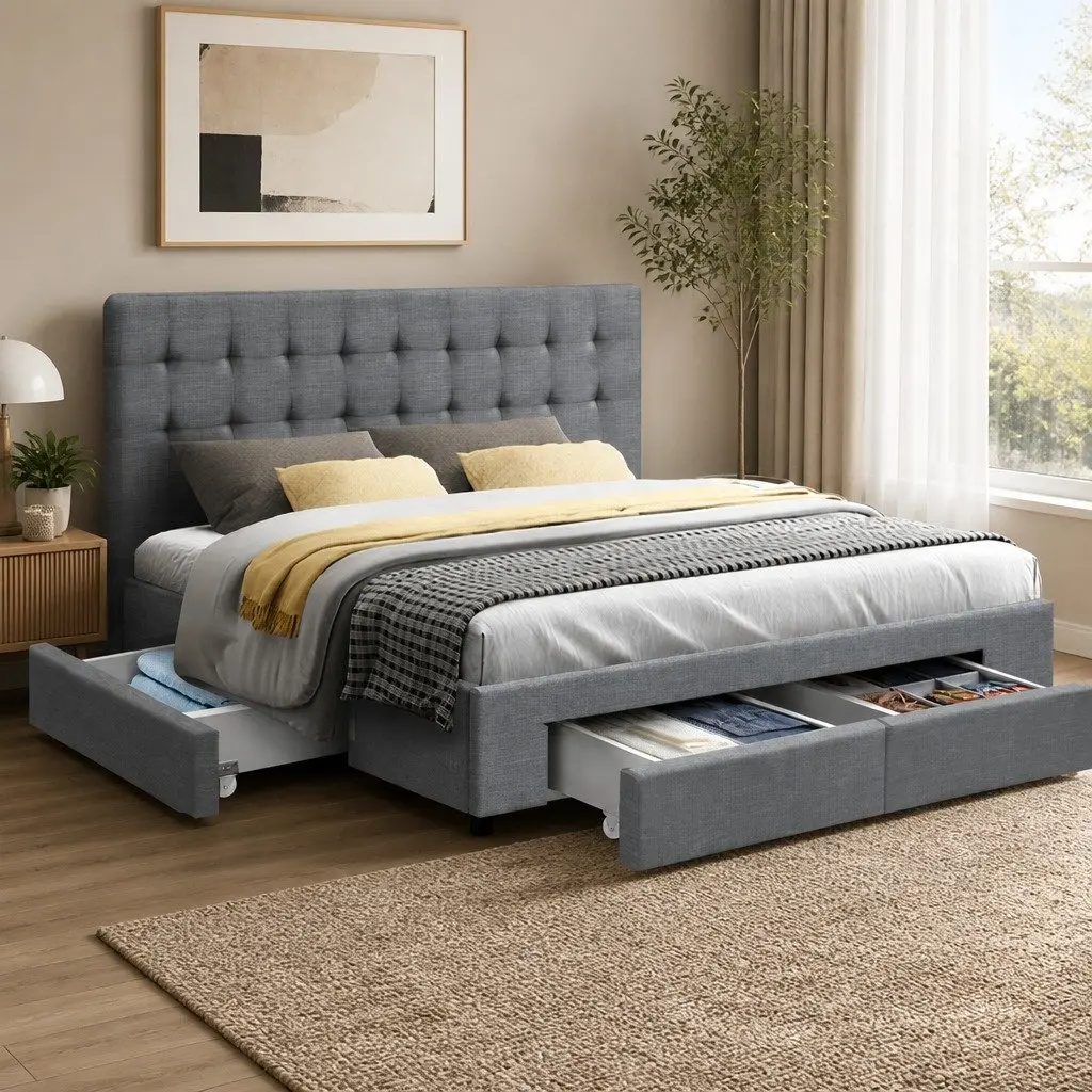 Queen Bed Frame Grey Faux Linen with Tufted Headboard and 4 Storage Drawers