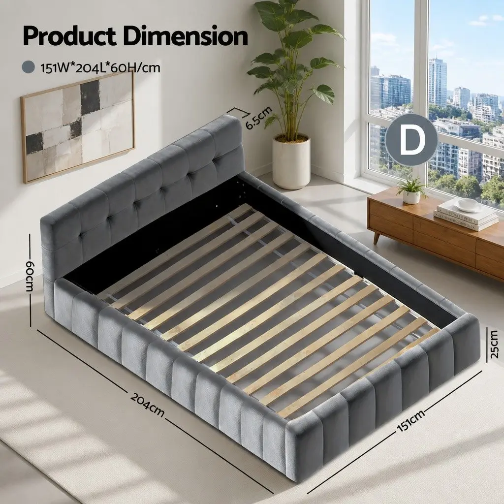 Double Bed Frame Plush Velvet Grey Modern Platform Base 151W x 204L x 60H cm