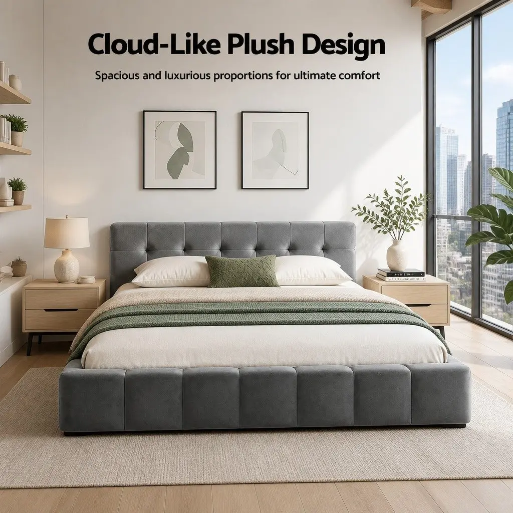 Double Bed Frame Plush Velvet Grey Modern Platform Base 151W x 204L x 60H cm