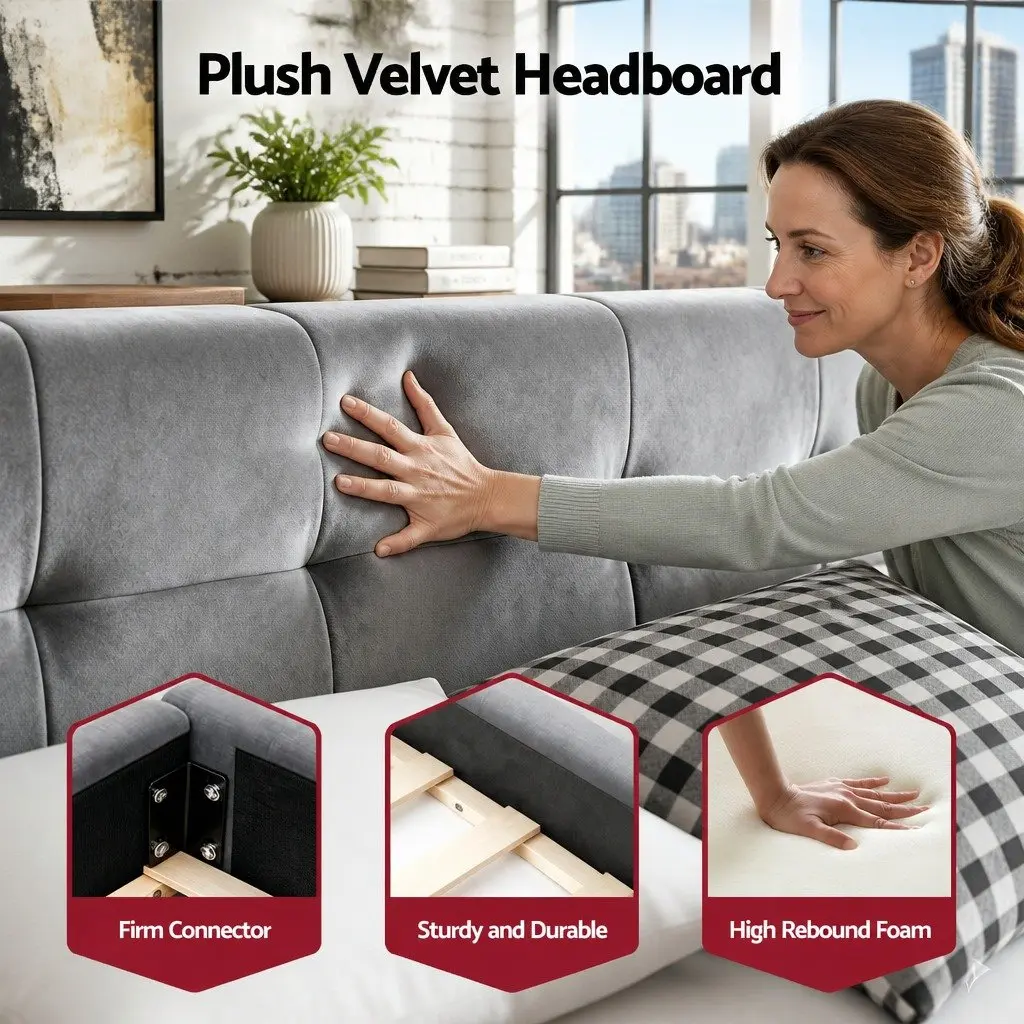 Double Bed Frame Plush Velvet Grey Modern Platform Base 151W x 204L x 60H cm