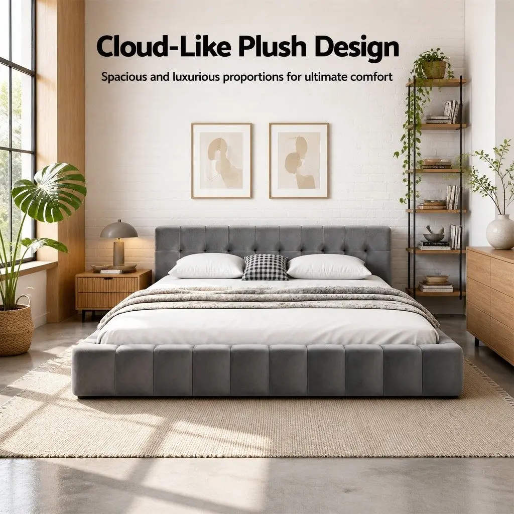 King Size Bed Frame Grey Plush Velvet Headboard Modern Platform Base Bedroom