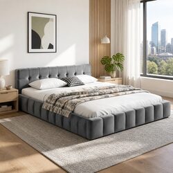 Queen Size Bed Frame Cloud Headboard Plush Velvet Platform Base Modern Bedroom