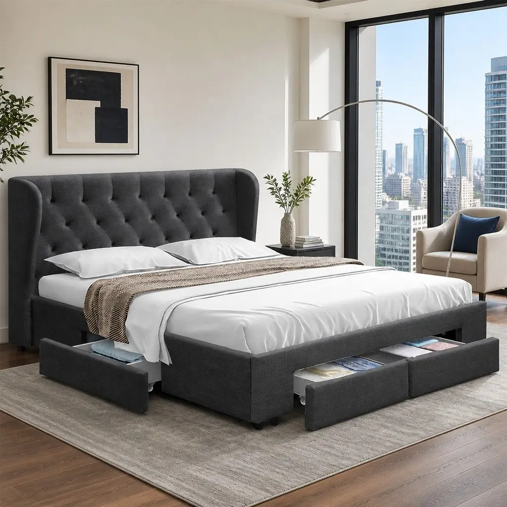 King Size Bed Frame Charcoal Padded Upholstered with Four Storage Drawers