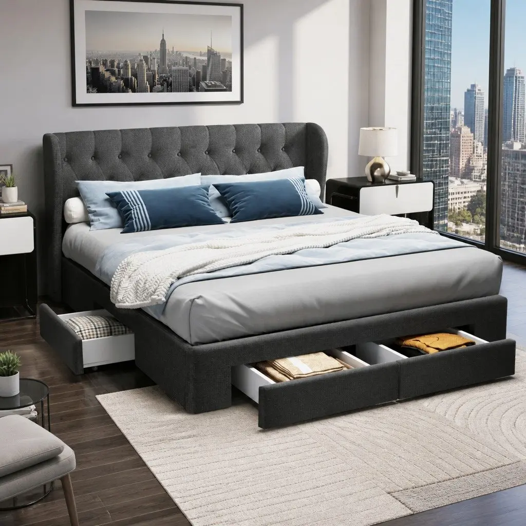 King Size Bed Frame Charcoal Padded Upholstered with Four Storage Drawers