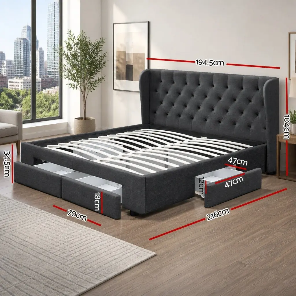 King Size Bed Frame Charcoal Padded Upholstered with Four Storage Drawers