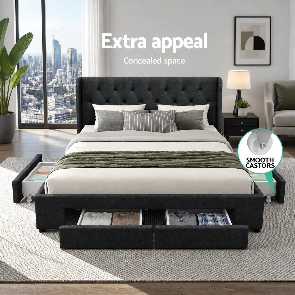 King Size Bed Frame Charcoal Padded Upholstered with Four Storage Drawers