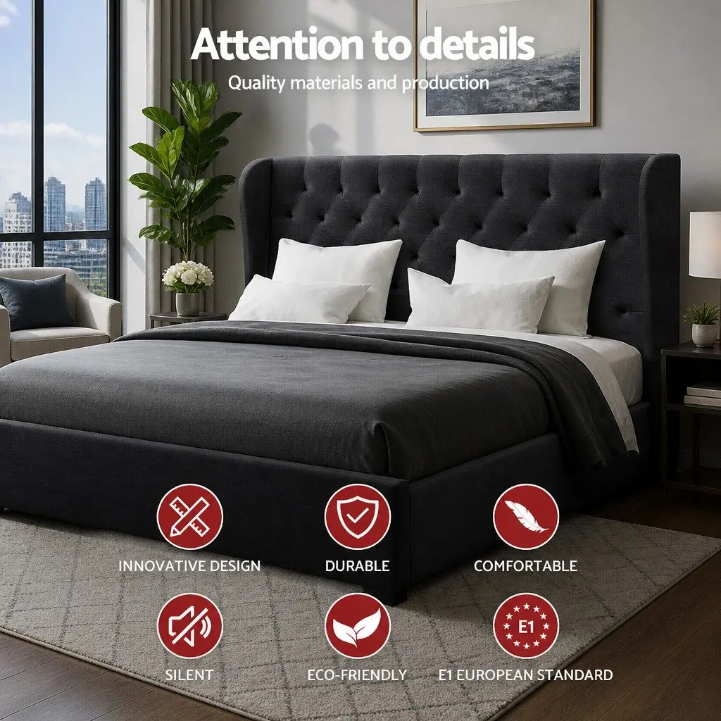 King Size Bed Frame Charcoal Padded Upholstered with Four Storage Drawers