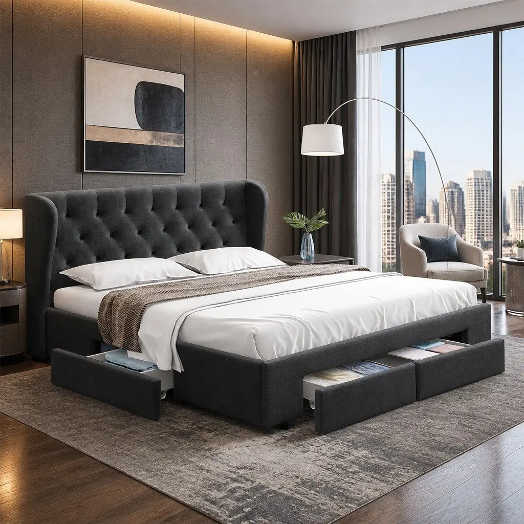 Queen Bed Frame Charcoal Upholstered Faux Linen Padded with Four Storage Drawers