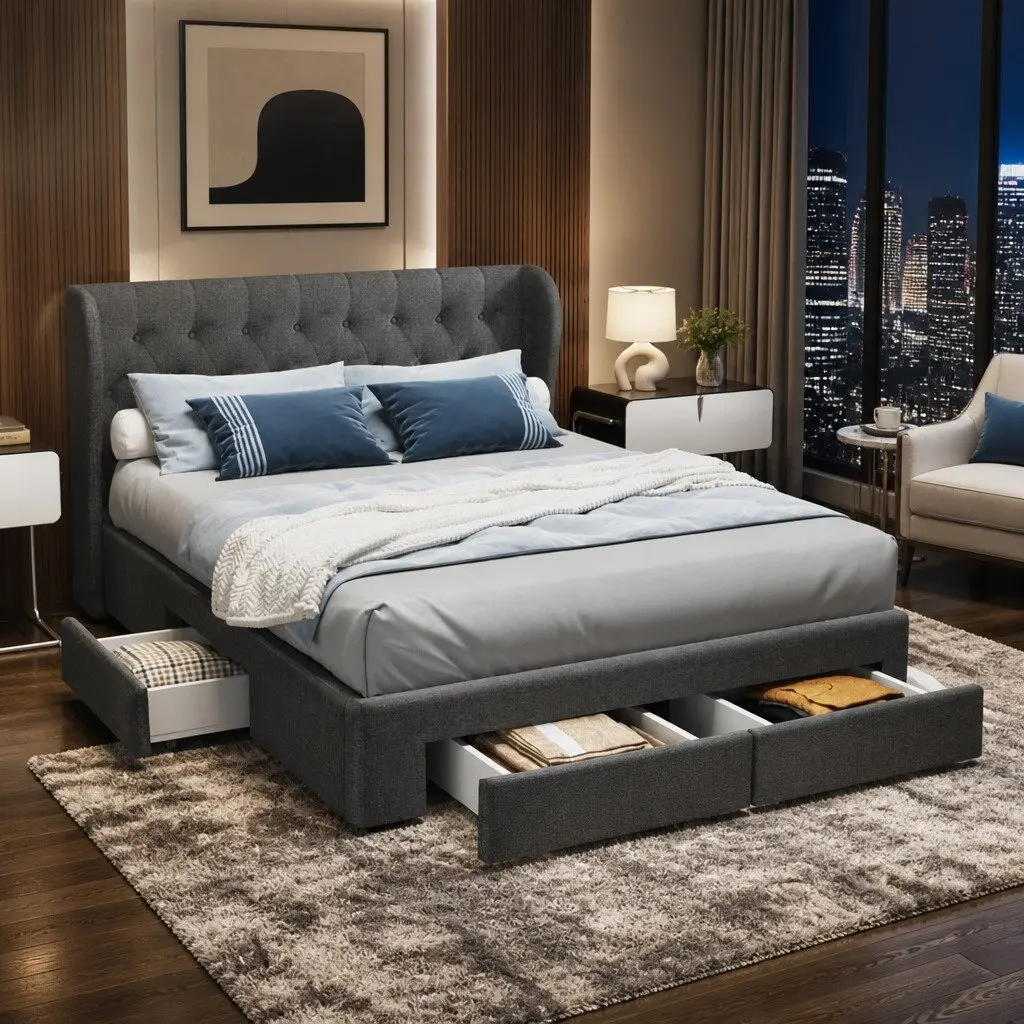 Queen Bed Frame Charcoal Upholstered Faux Linen Padded with Four Storage Drawers