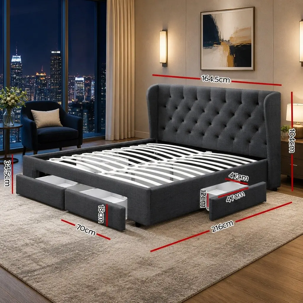 Queen Bed Frame Charcoal Upholstered Faux Linen Padded with Four Storage Drawers