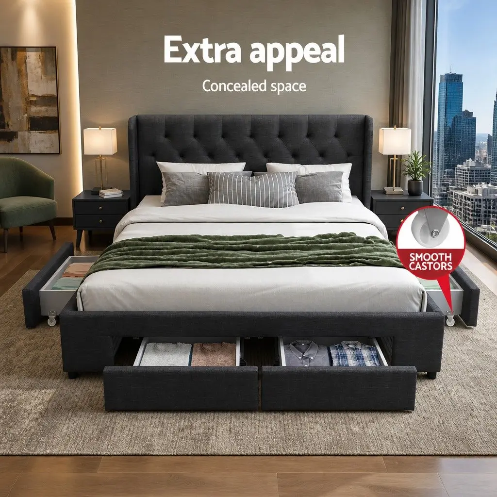 Queen Bed Frame Charcoal Upholstered Faux Linen Padded with Four Storage Drawers