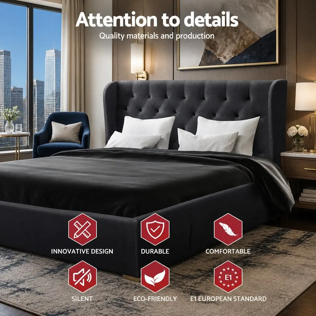 Queen Bed Frame Charcoal Upholstered Faux Linen Padded with Four Storage Drawers