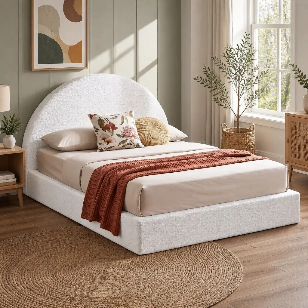 Double Bed Frame Boucle Fabric White No-Assembly Vacuum Compressed Removable Washable
