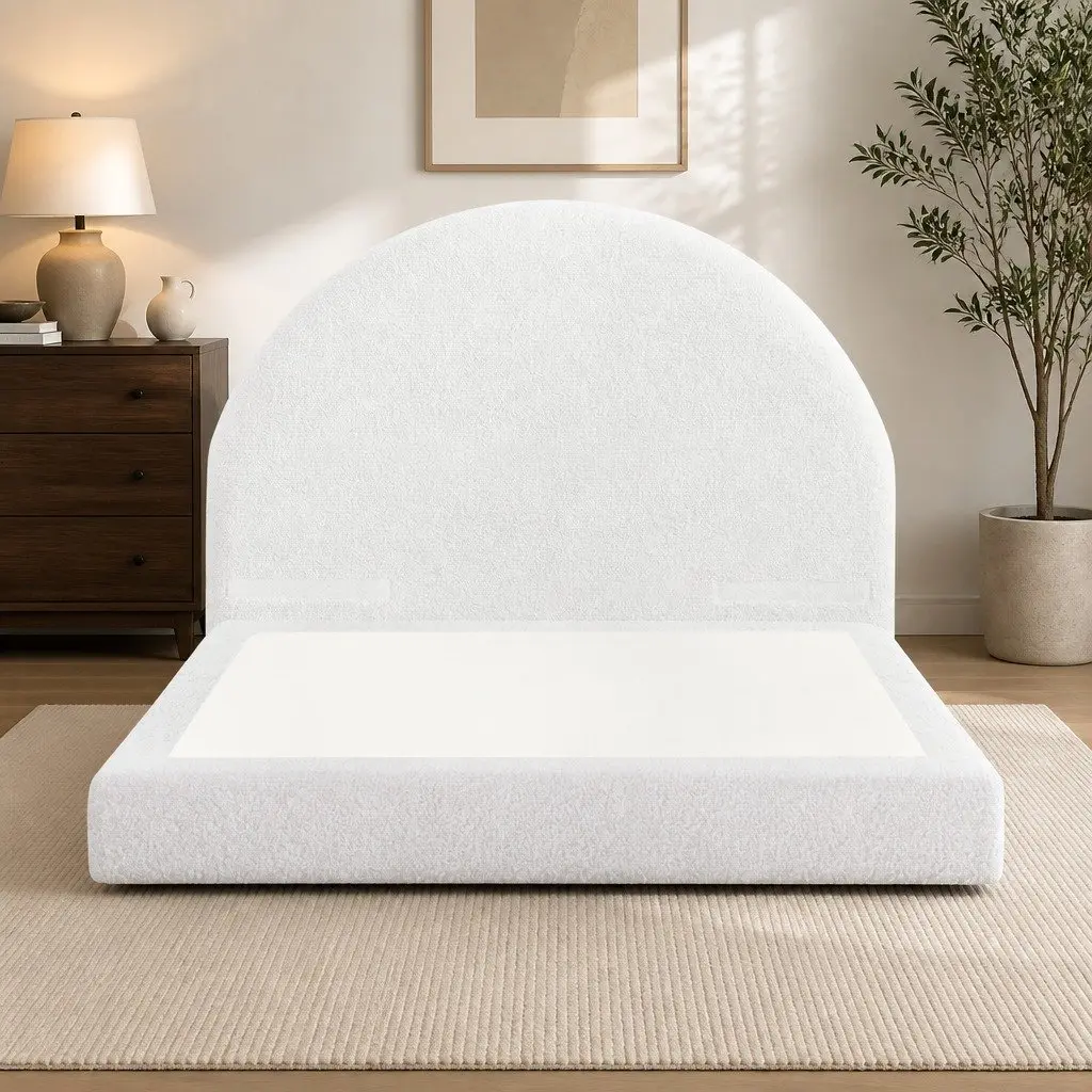 Double Bed Frame Boucle Fabric White No-Assembly Vacuum Compressed Removable Washable