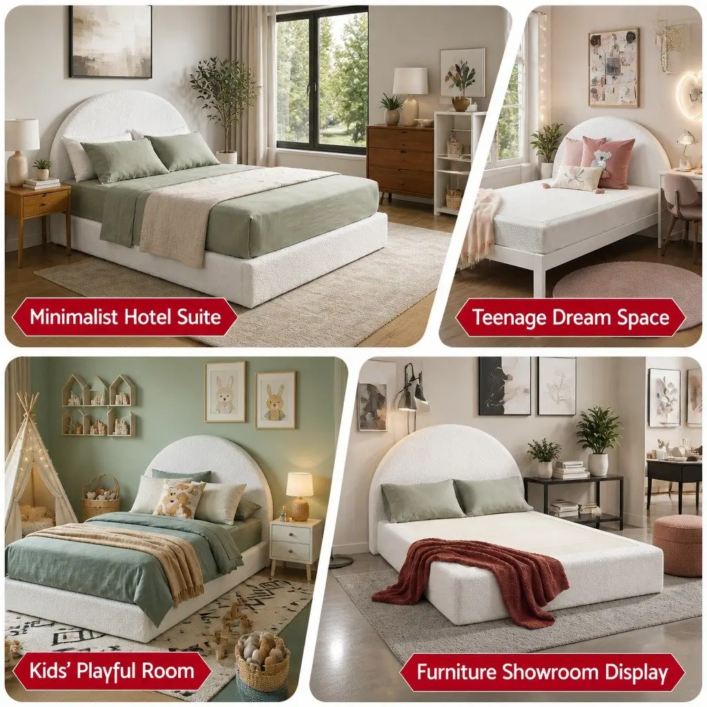Double Bed Frame Boucle Fabric White No-Assembly Vacuum Compressed Removable Washable