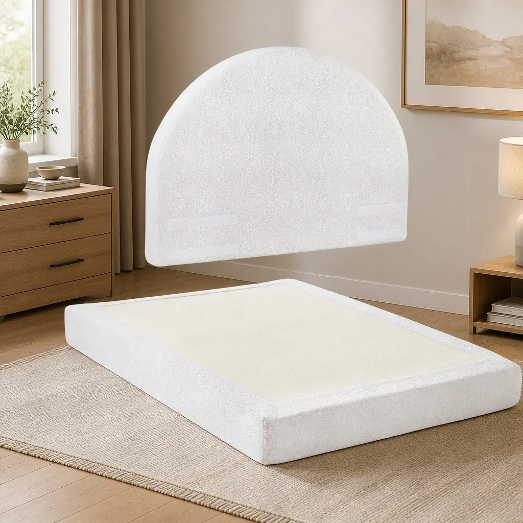 Double Bed Frame Boucle Fabric White No-Assembly Vacuum Compressed Removable Washable